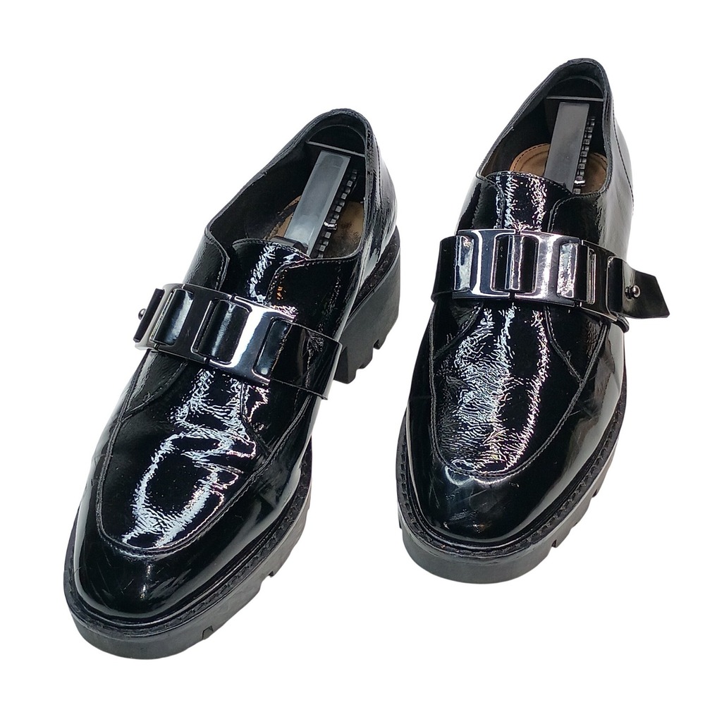 Donald Pliner Eames Womens Size 9.5 M Black Patent Leather Lug Sole Buckle Shoe